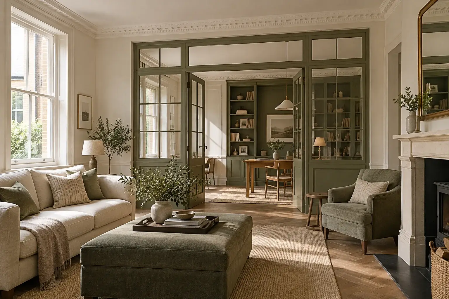 Living room opened to a study through a glazed olive partition