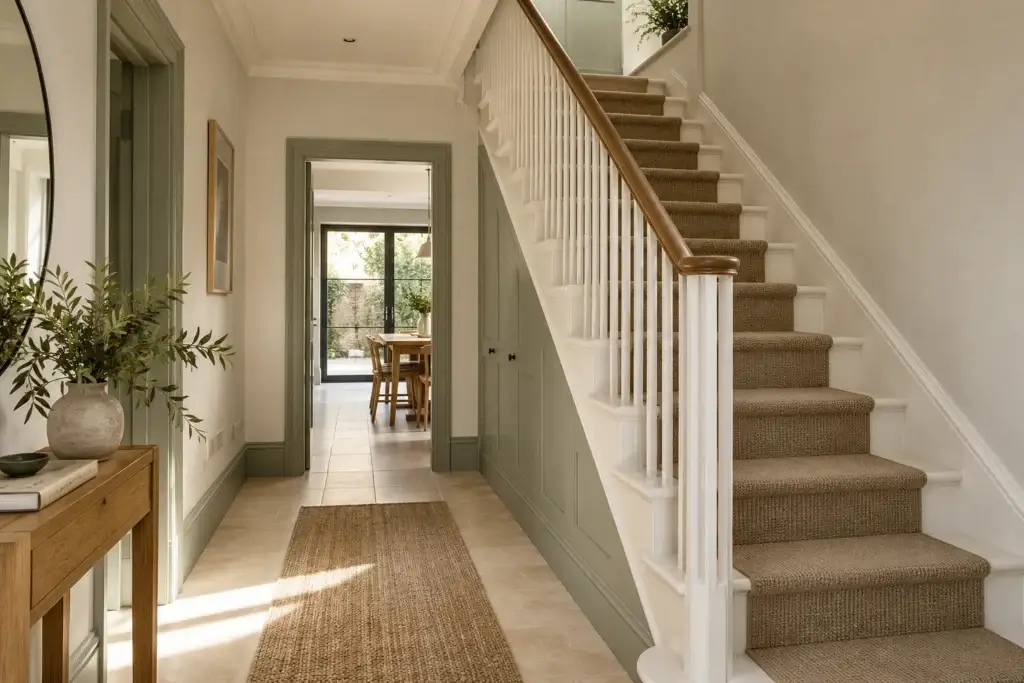 Hallway with bespoke under-stair storage and view through to the garden