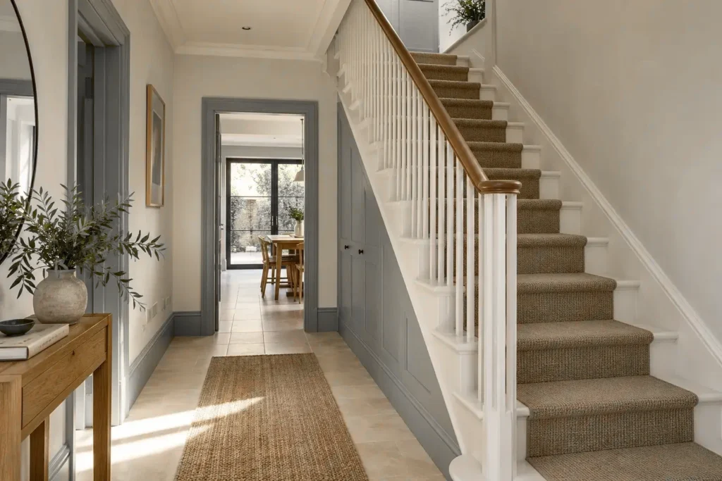 Hallway with bespoke under-stair storage and view through to the garden