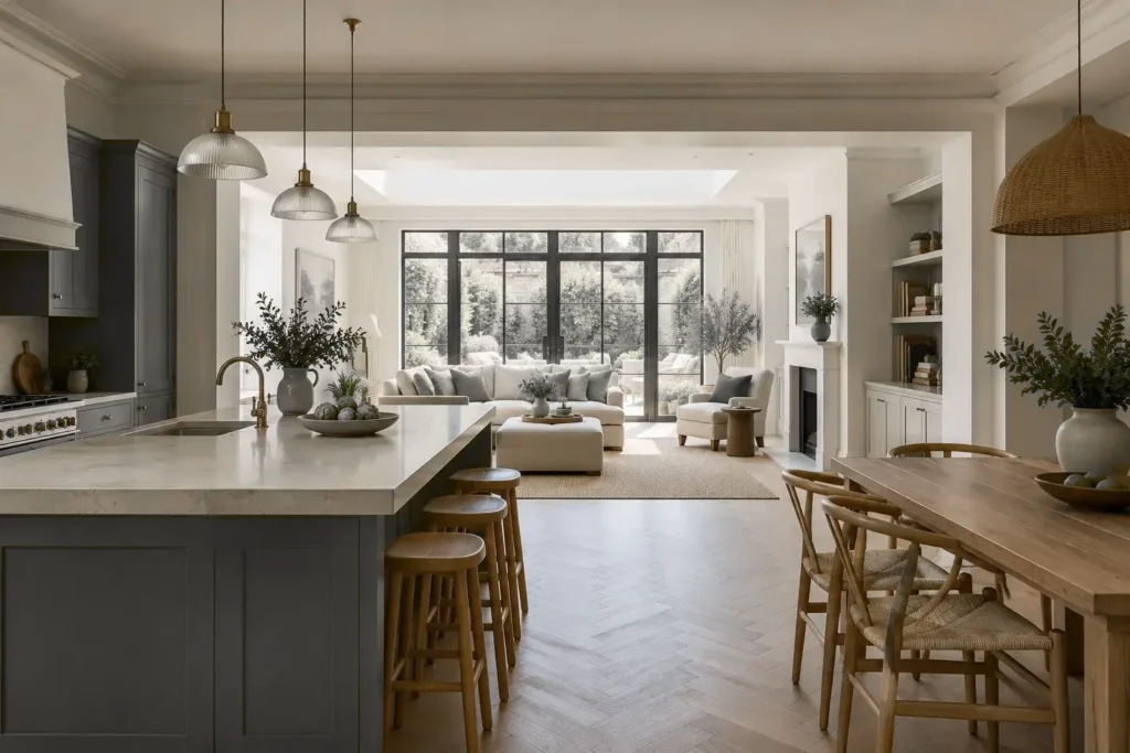 Open-plan kitchen, dining and living space with herringbone floor