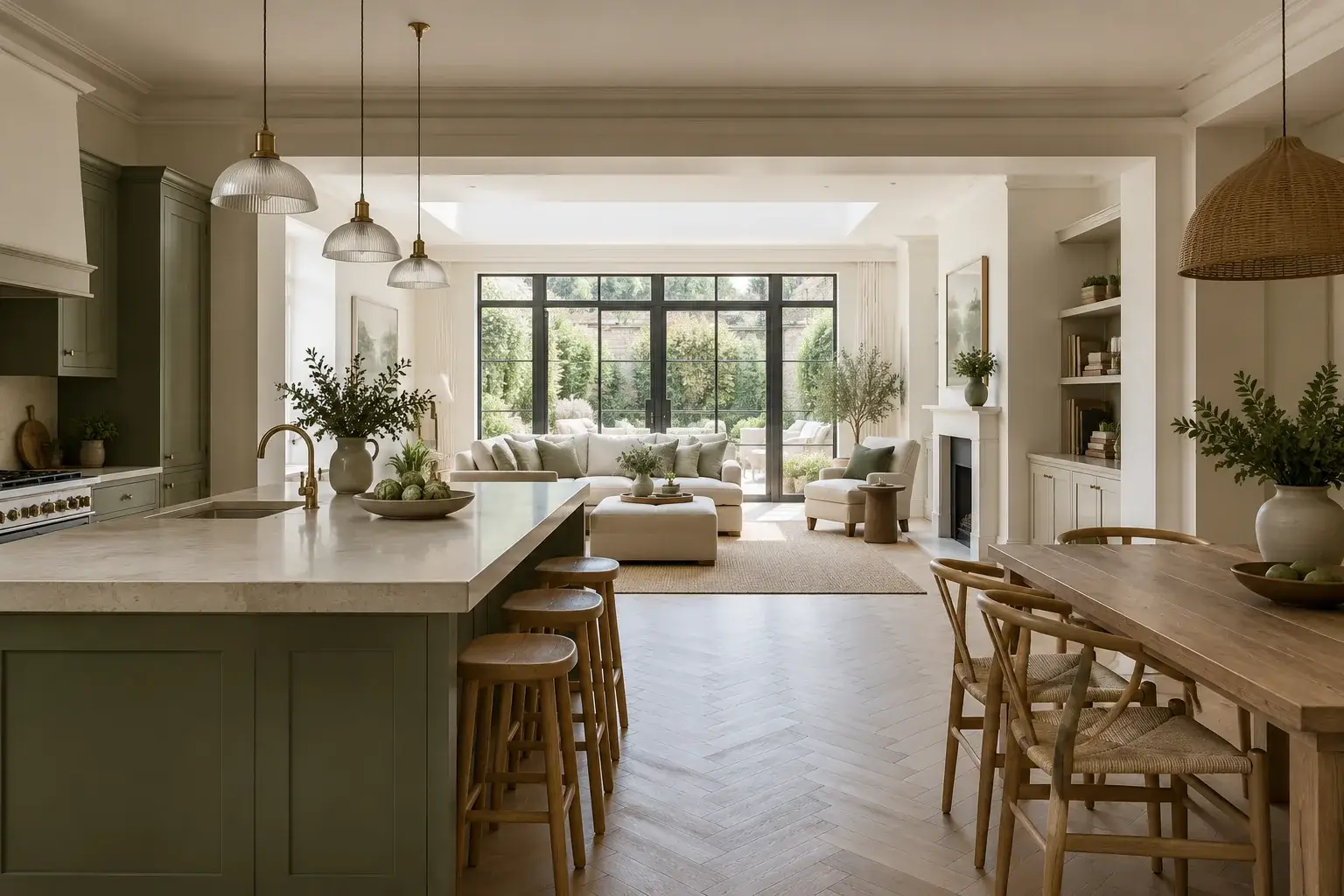 Open-plan kitchen, dining and living space with herringbone floor
