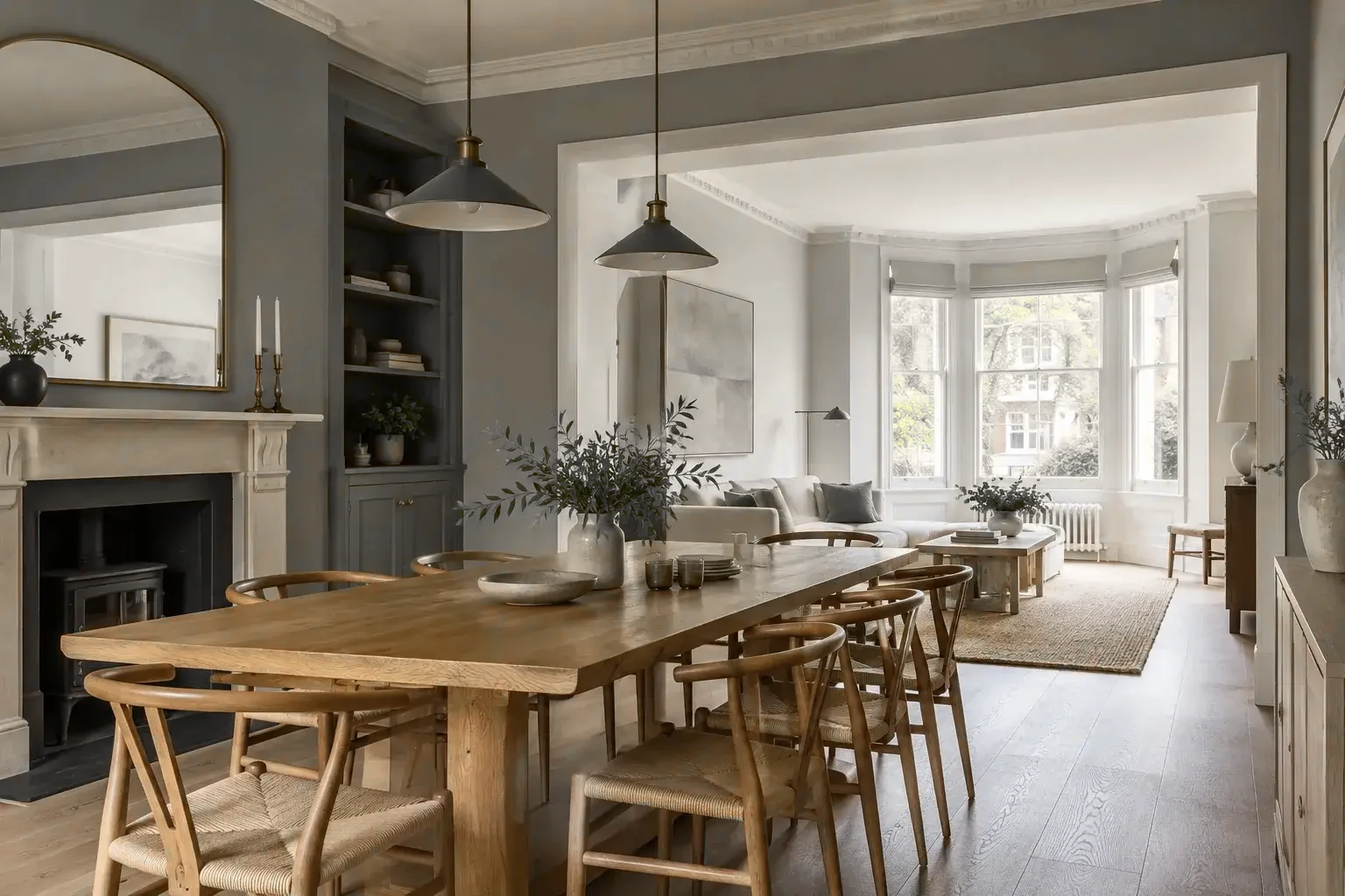 Dining room opened through to a living room with a bay window