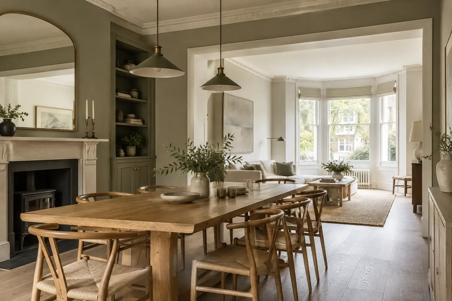 Dining room opened through to a living room with a bay window