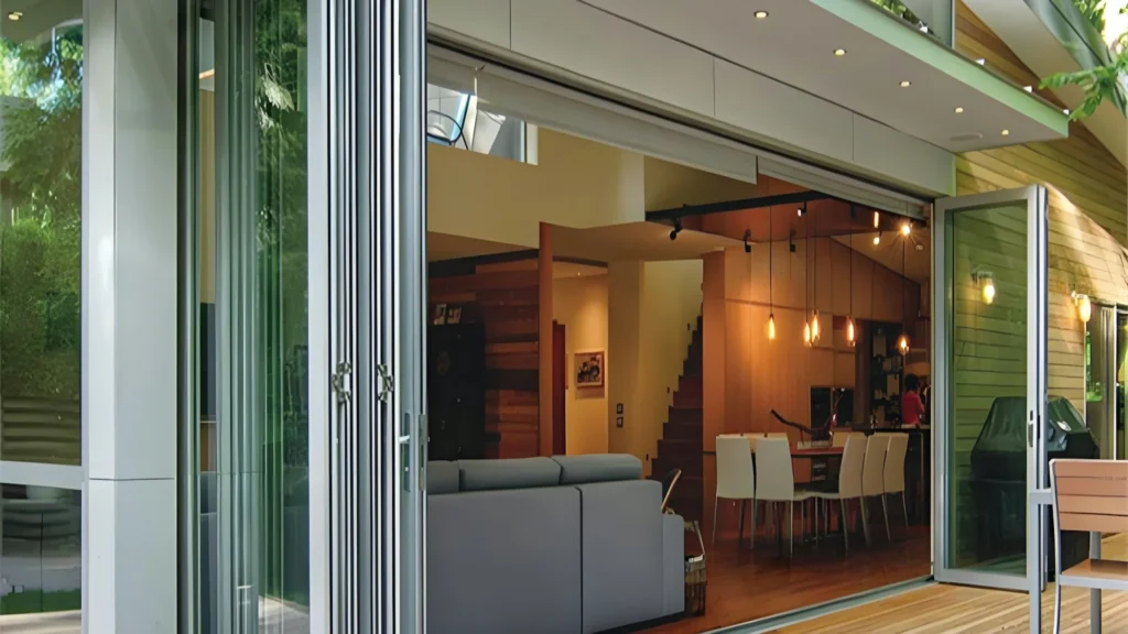 Aluminium bi-fold doors folded open from an open-plan living and dining space onto a timber deck