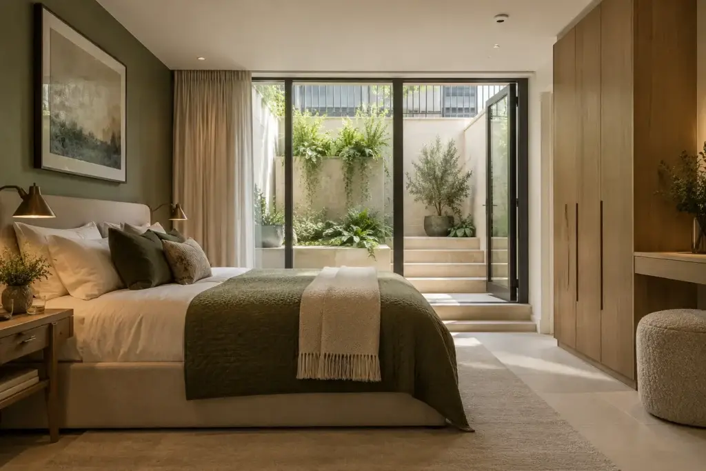 Basement bedroom with glazed doors opening onto a planted lightwell