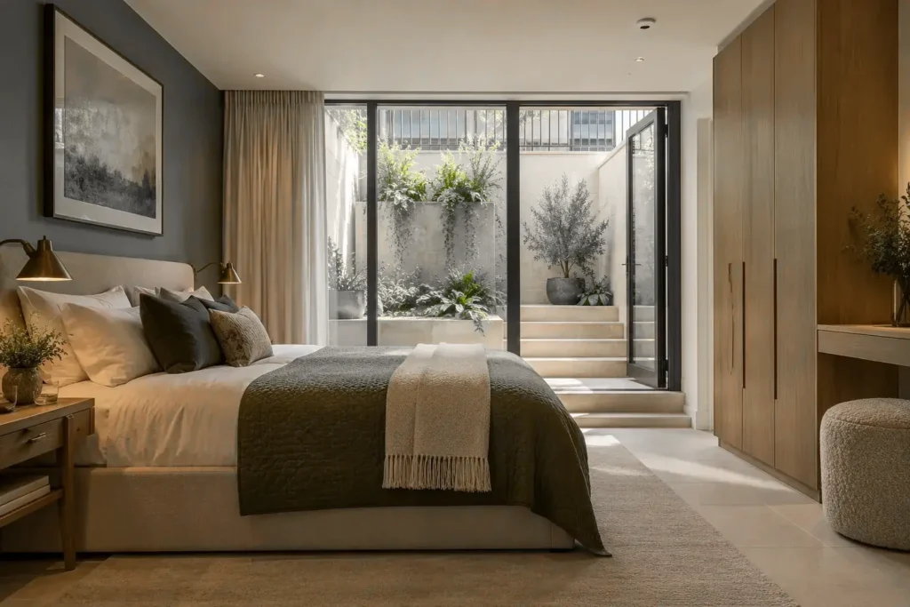 Basement bedroom with glazed doors opening onto a planted lightwell