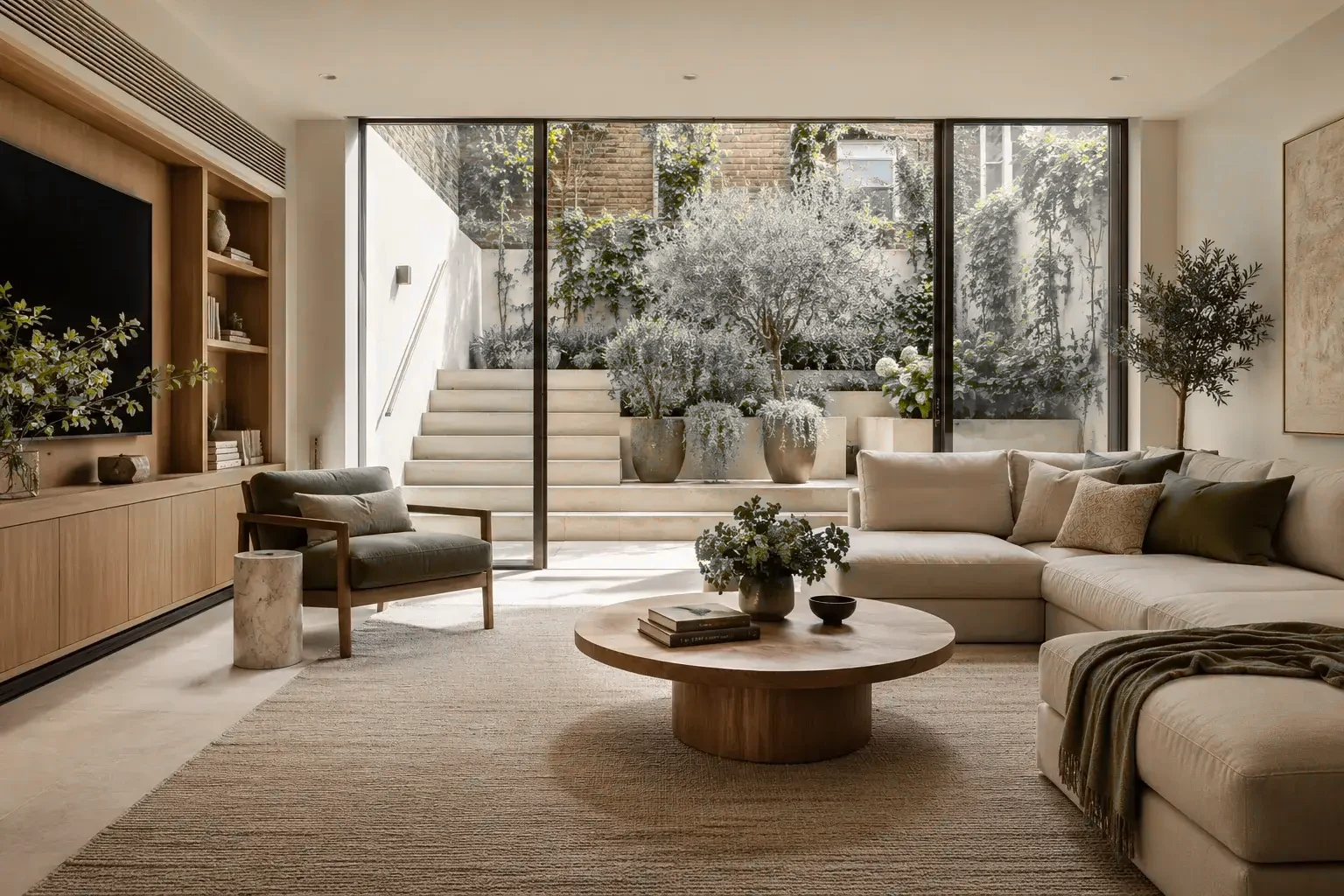 Basement living room with full-height glazing and steps to a lightwell garden