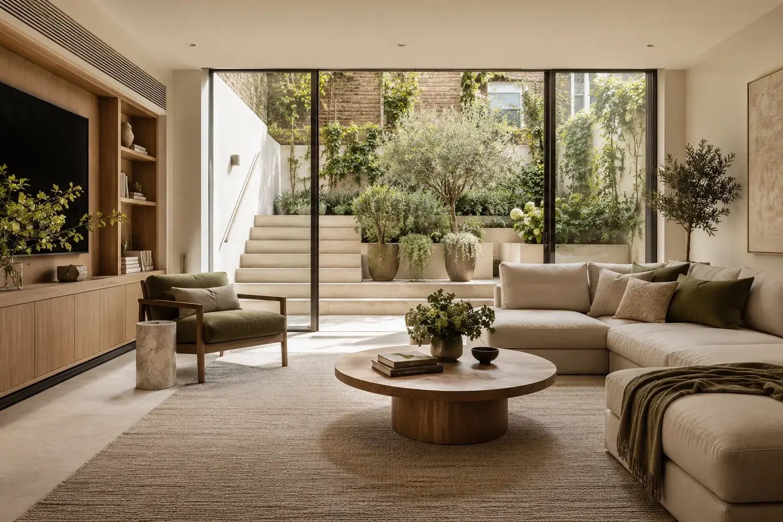 Basement living room with full-height glazing and steps to a lightwell garden