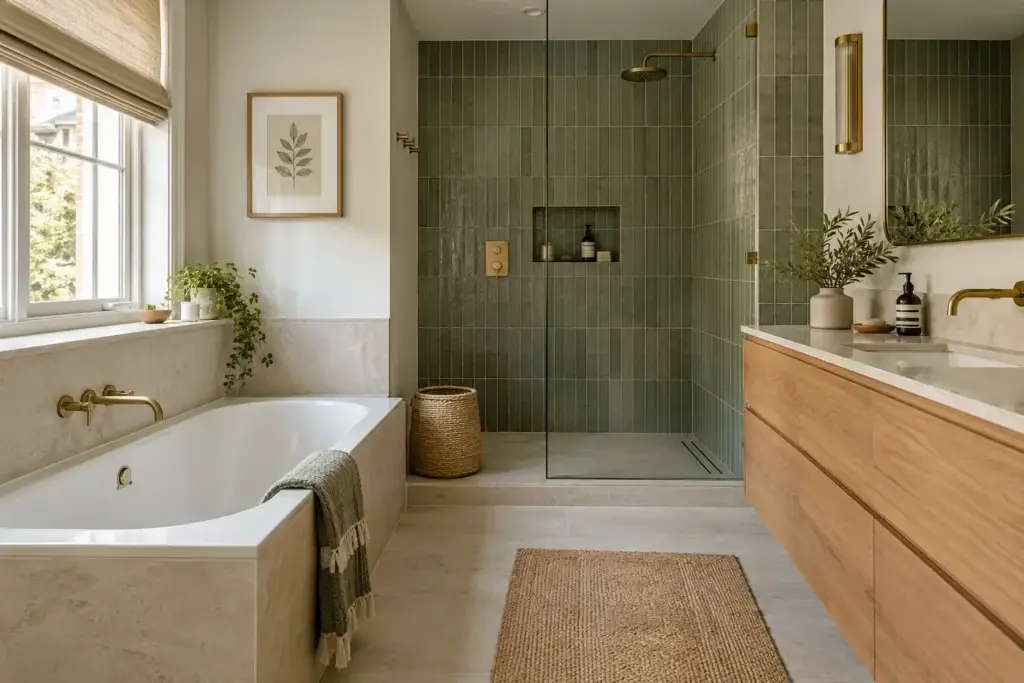 Family bathroom with inset bath, green tiled walk-in shower and oak vanity