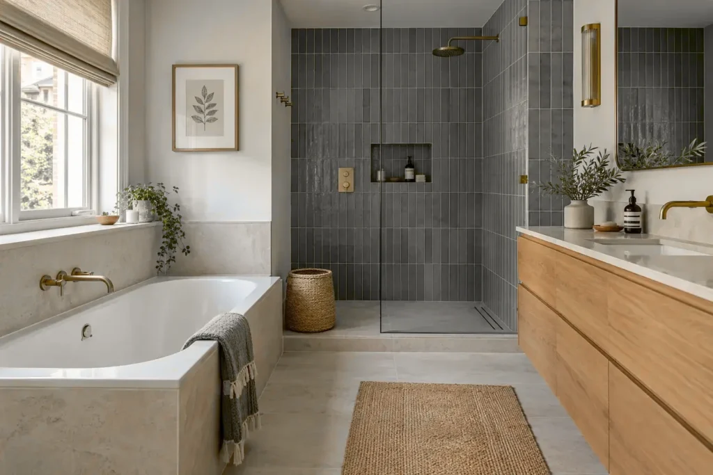 Family bathroom with inset bath, tiled walk-in shower and oak vanity