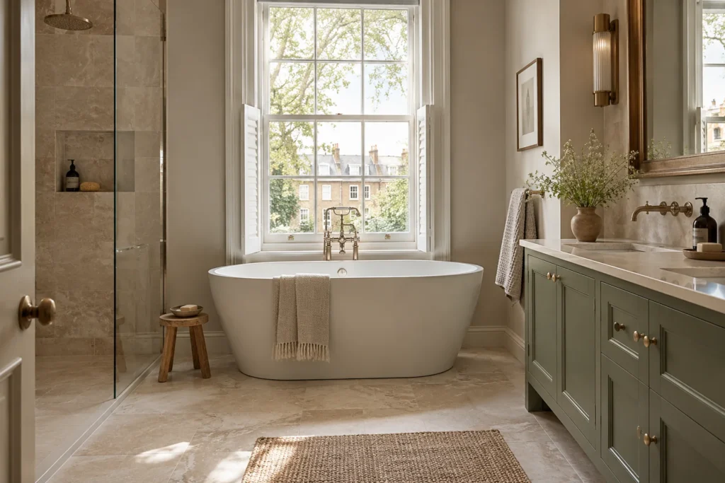 Bathroom with freestanding bath beneath a sash window and olive vanity
