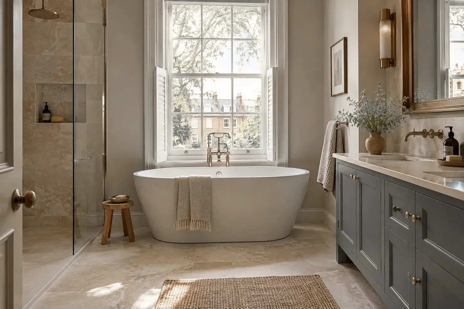 Bathroom with freestanding bath beneath a sash window and vanity