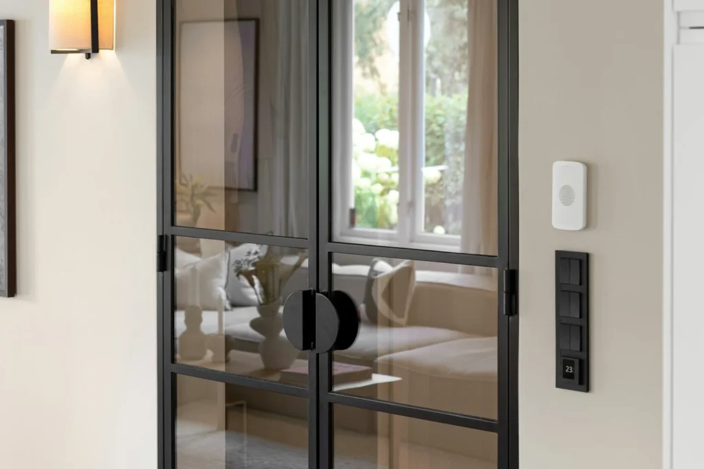 Black slim steel glazed partition doors opening into a living room