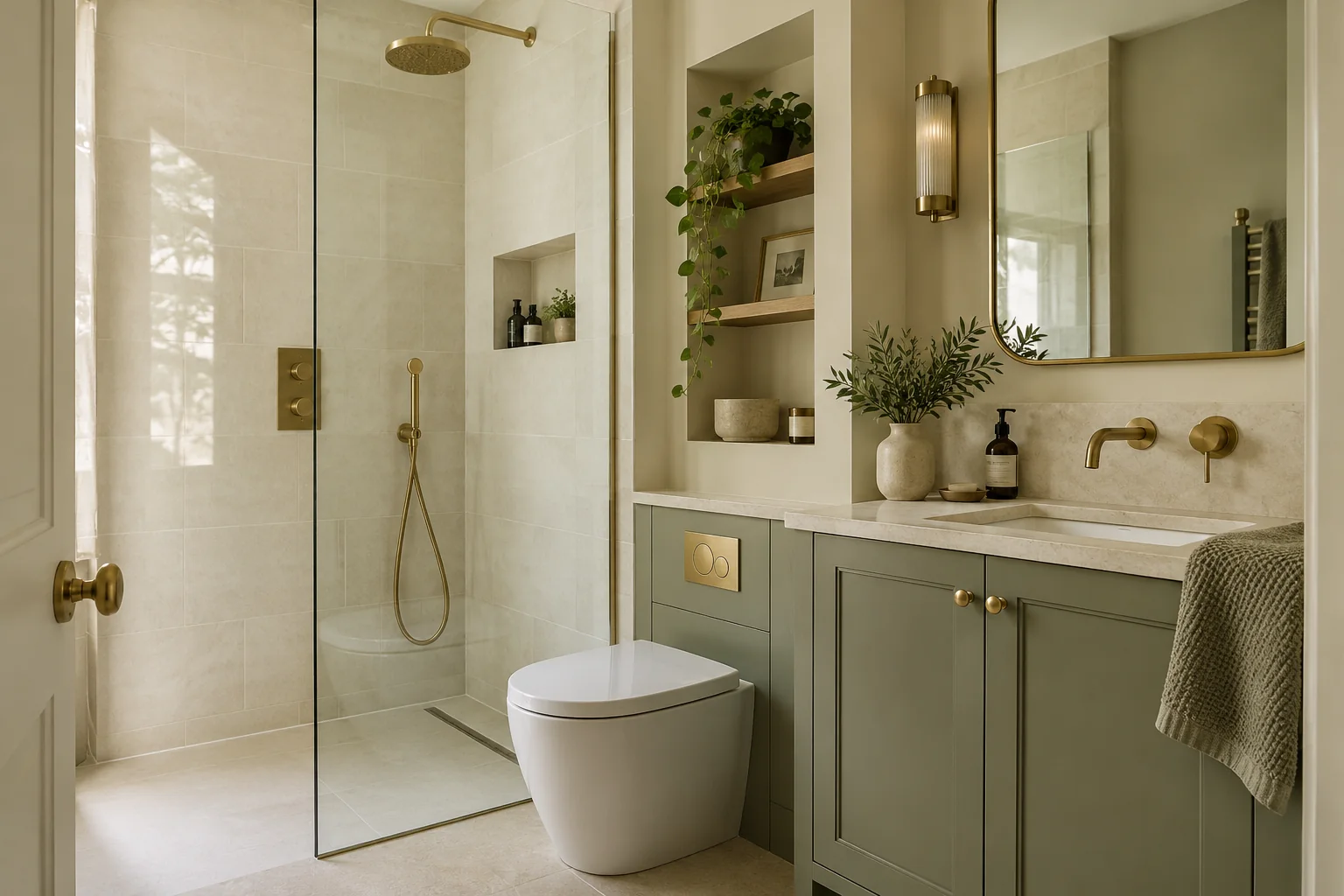 En-suite shower room with walk-in shower, stone tiles and olive vanity unit