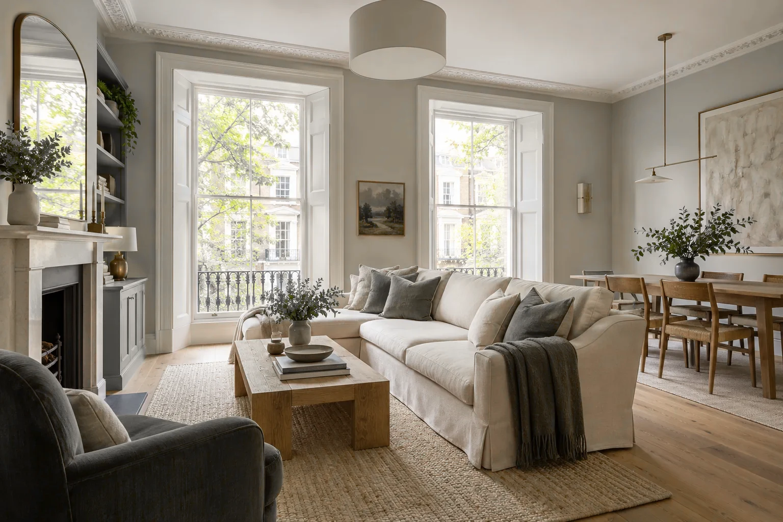 Renovated period flat living room with tall sash windows and original cornicing