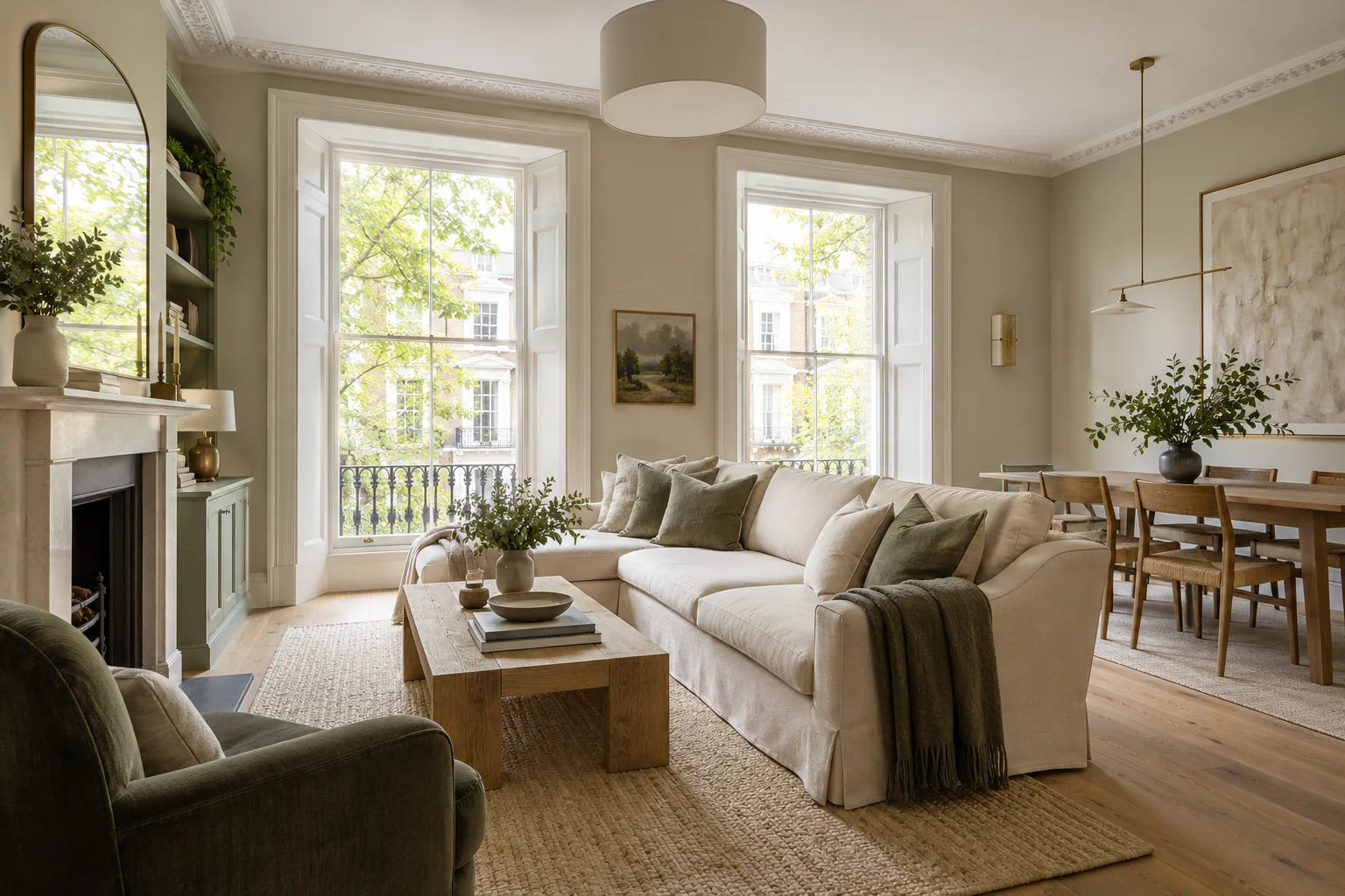 Renovated period flat living room with tall sash windows and original cornicing