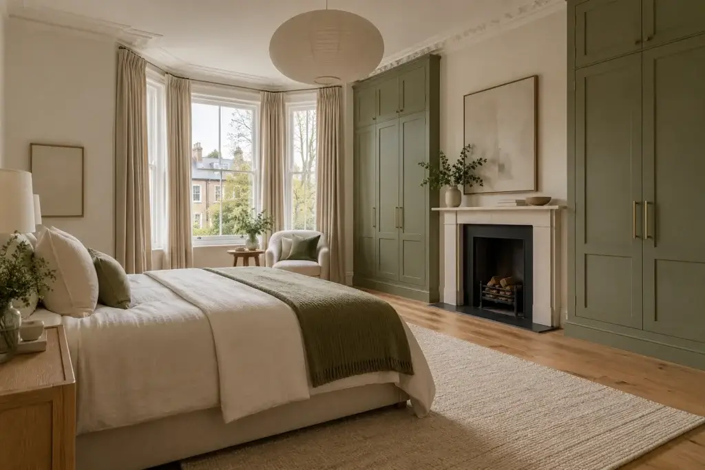 Bedroom with bay window, fitted olive wardrobes and restored fireplace