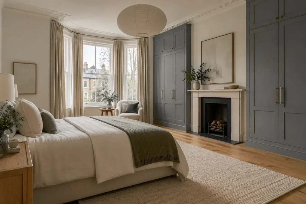 Bedroom with bay window, fitted wardrobes and restored fireplace