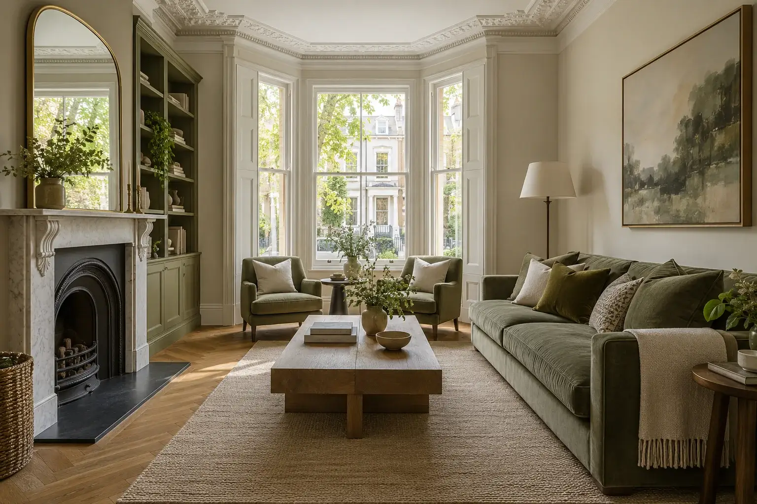 Living room with marble fireplace, bay window and olive velvet sofa