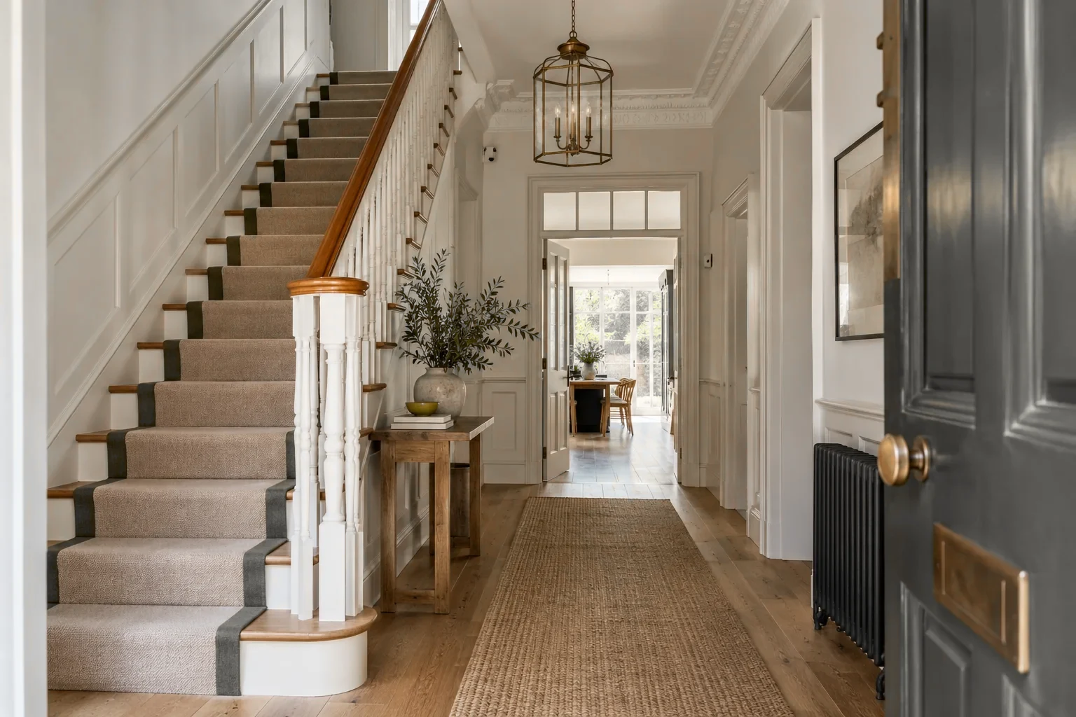 Period hallway with panelled walls, stair runner and lantern pendant