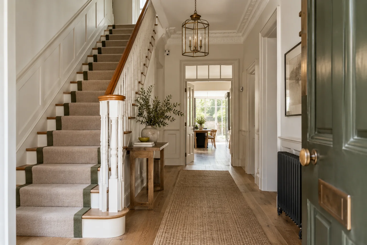 Period hallway with panelled walls, stair runner and lantern pendant