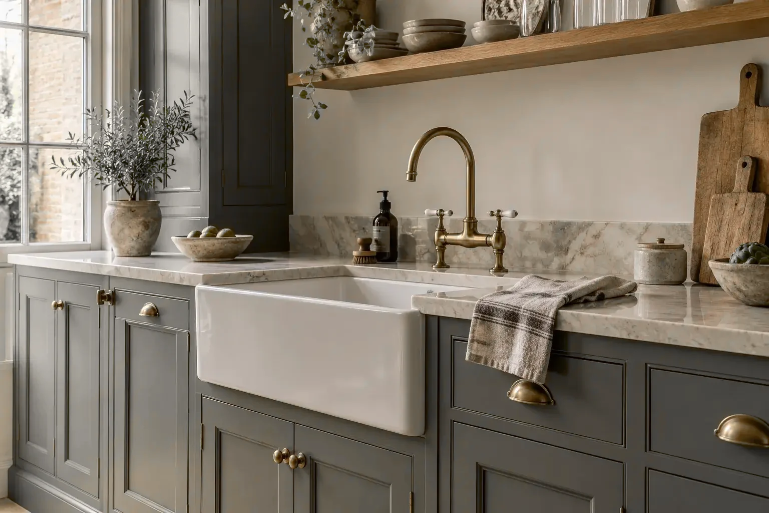 Belfast sink, brass tap and marble worktop in an shaker kitchen