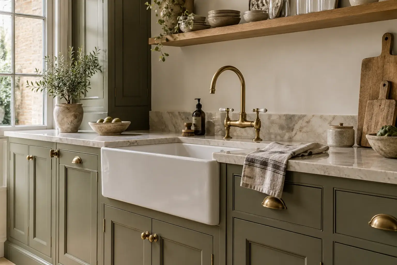 Belfast sink, brass tap and marble worktop in an olive green shaker kitchen