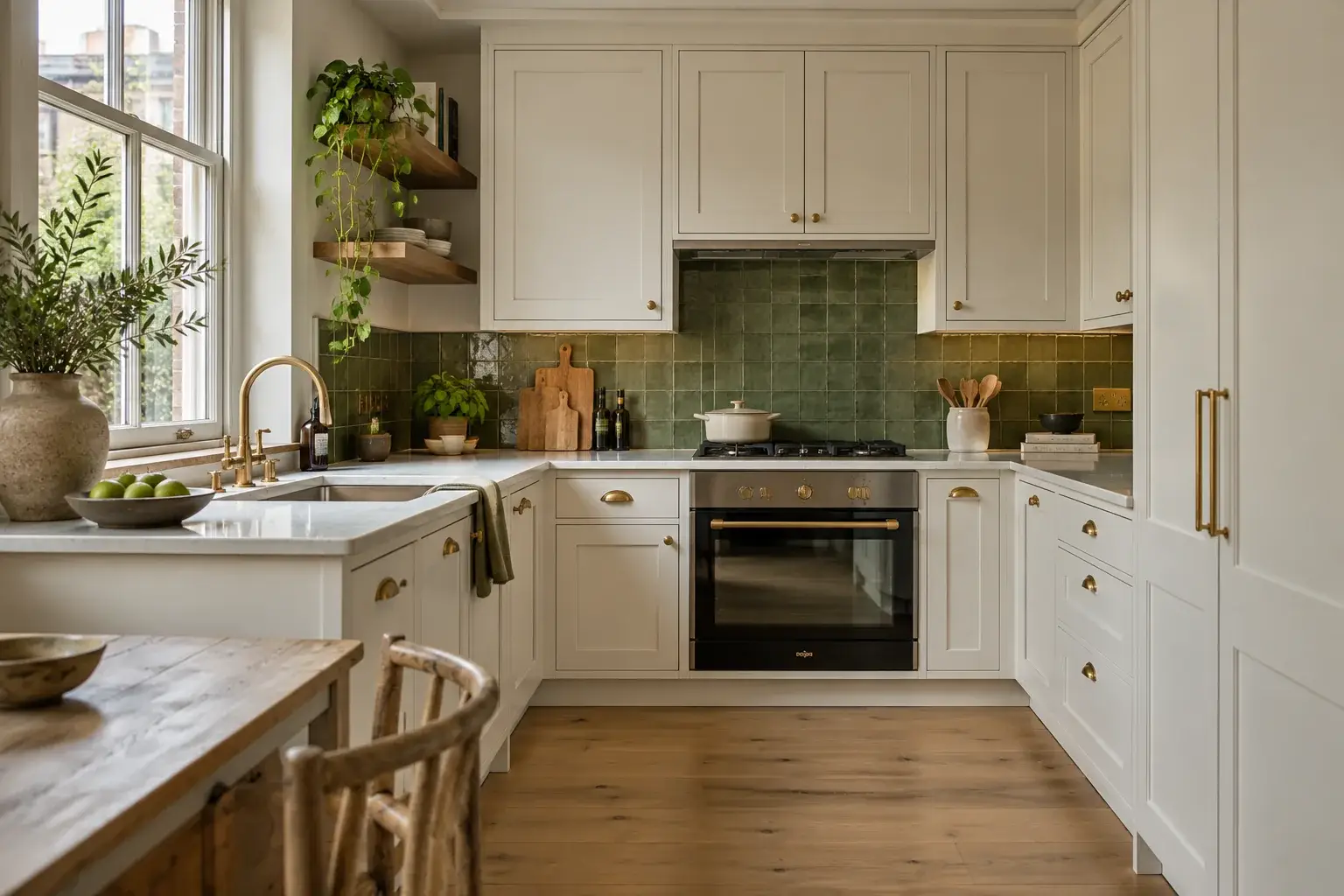 Cream shaker kitchen with green glazed tiles, brass handles and oak floor