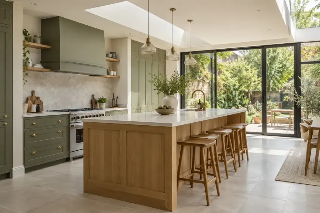 Oak kitchen island with stone worktop in a light-filled garden extension