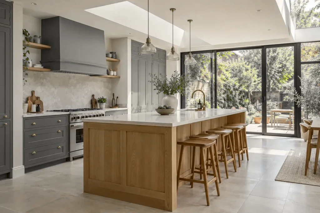 Oak kitchen island with stone worktop in a light-filled garden extension