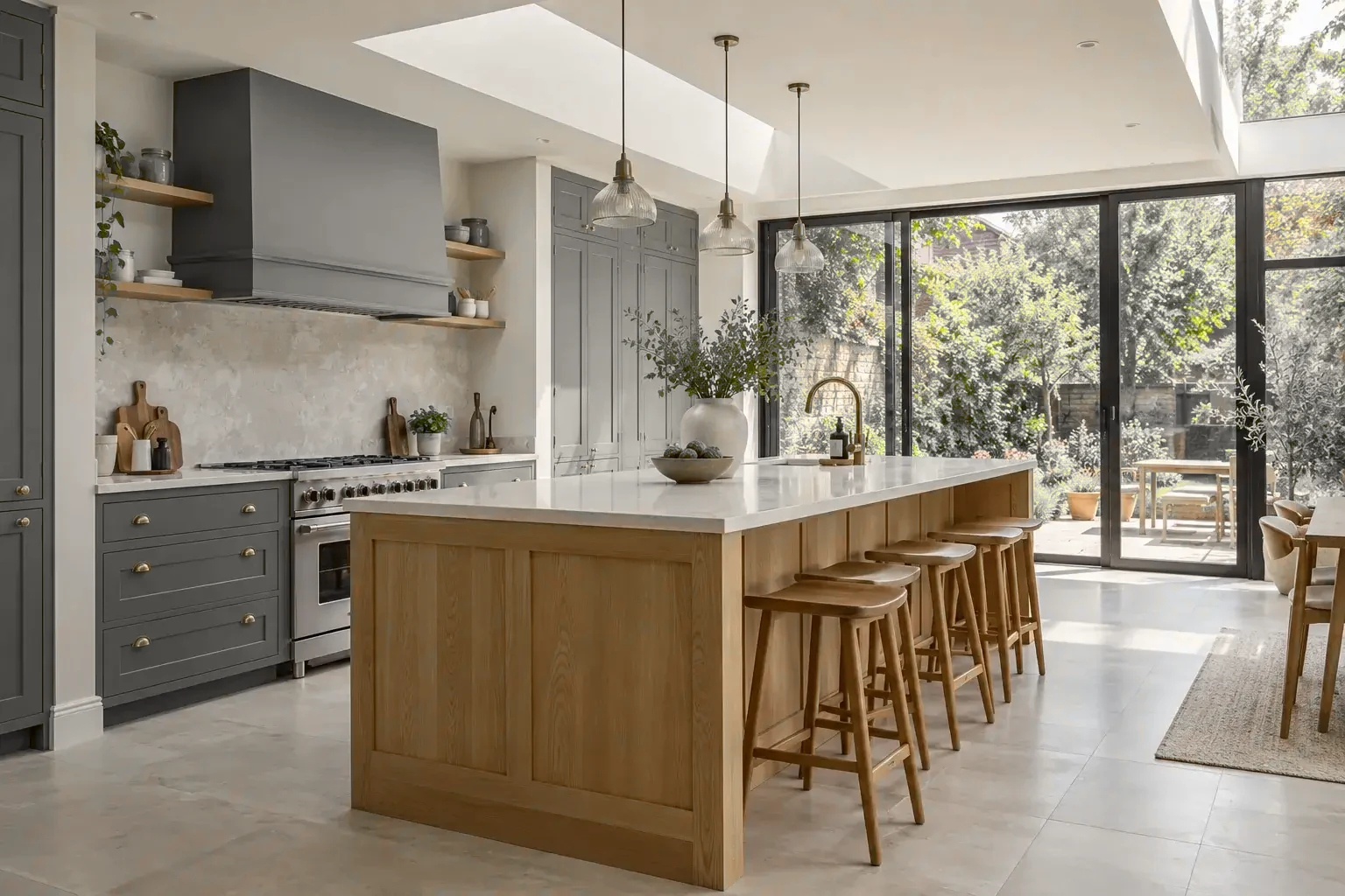 Oak kitchen island with stone worktop in a light-filled garden extension