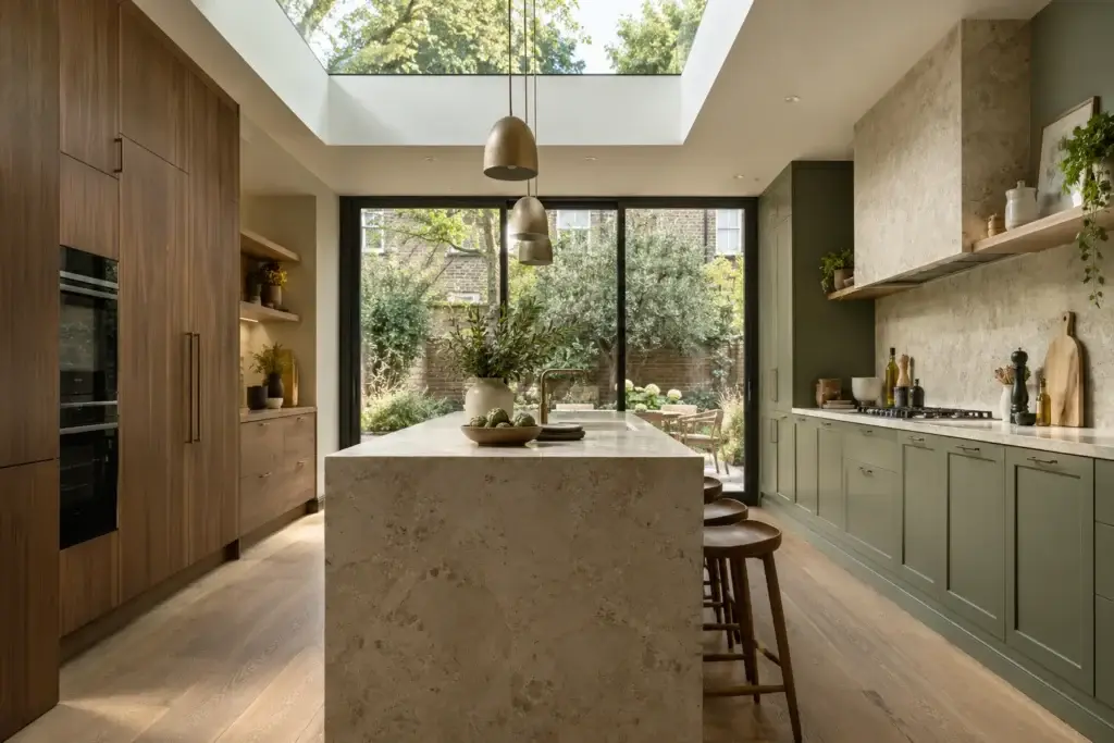 Kitchen with walnut cabinetry, stone island and large rooflight