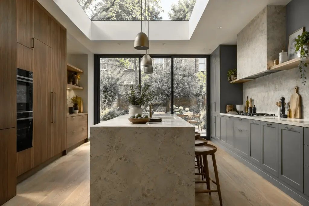 Kitchen with walnut cabinetry, stone island and large rooflight