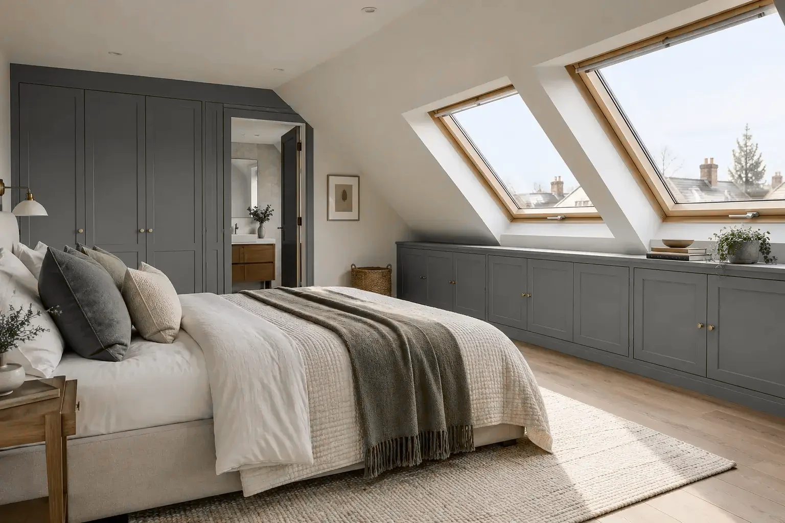 Loft bedroom with rooflights, fitted eaves storage and en-suite