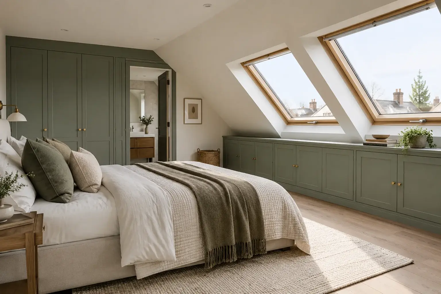 Loft bedroom with rooflights, fitted eaves storage and en-suite