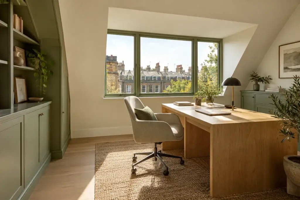 Loft home office with dormer window overlooking London rooftops