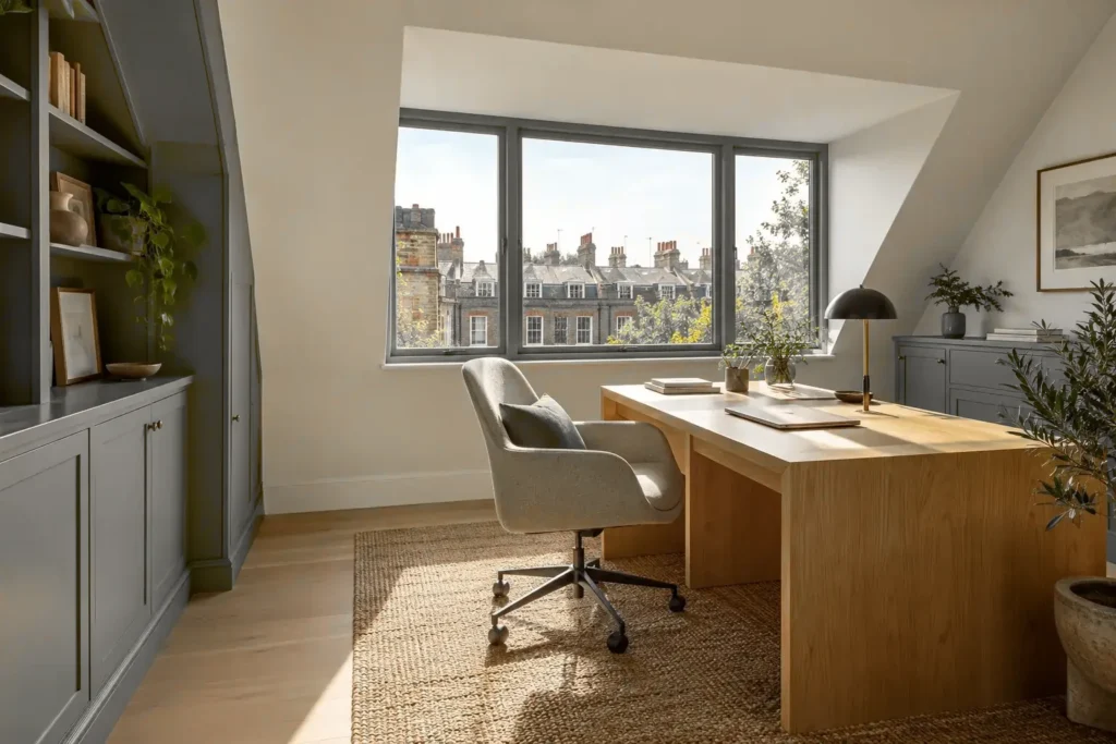 Loft home office with dormer window overlooking London rooftops
