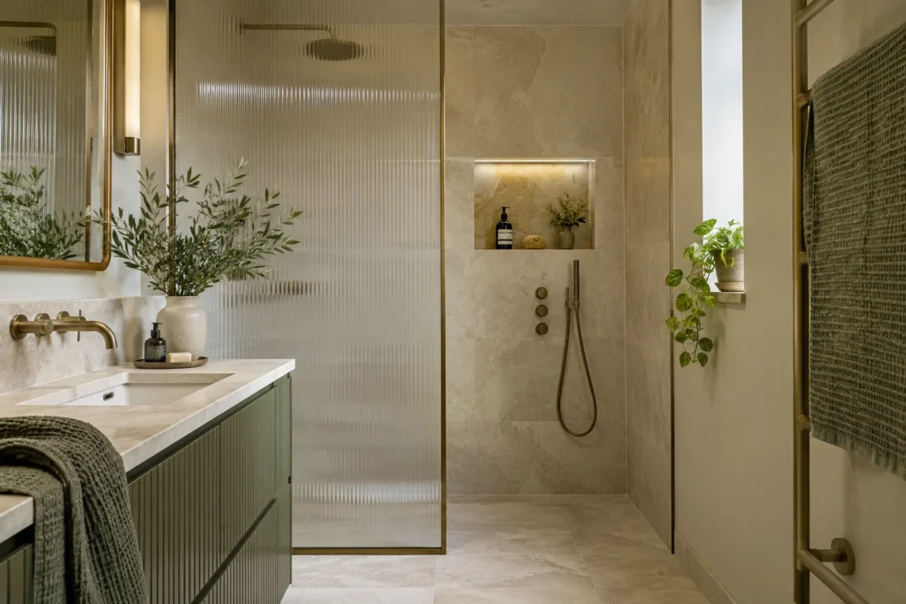 Shower room detail with fluted glass screen, stone tiling and brass fittings