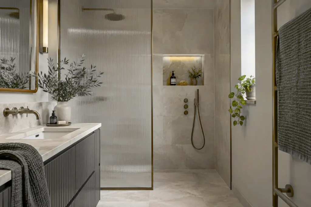 Shower room detail with fluted glass screen, stone tiling and brass fittings